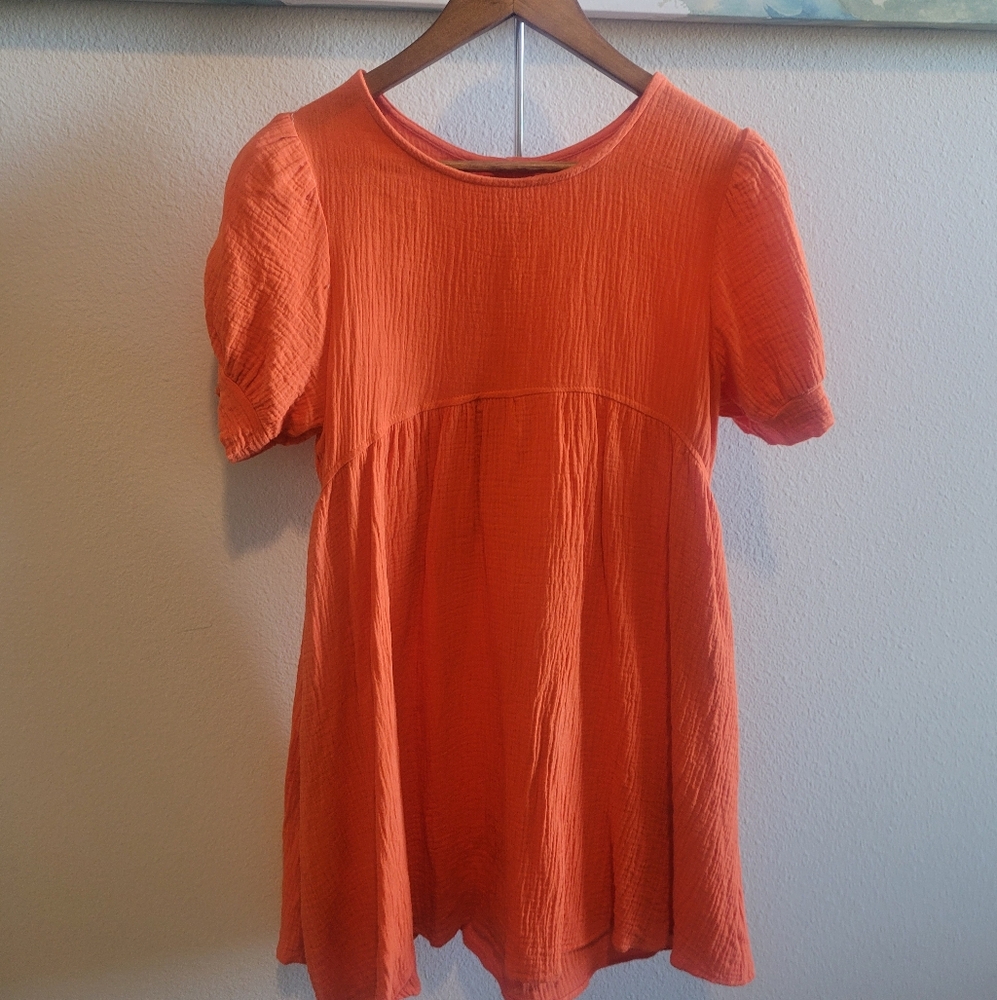 Orange Puff Sleeve Babydoll Dress